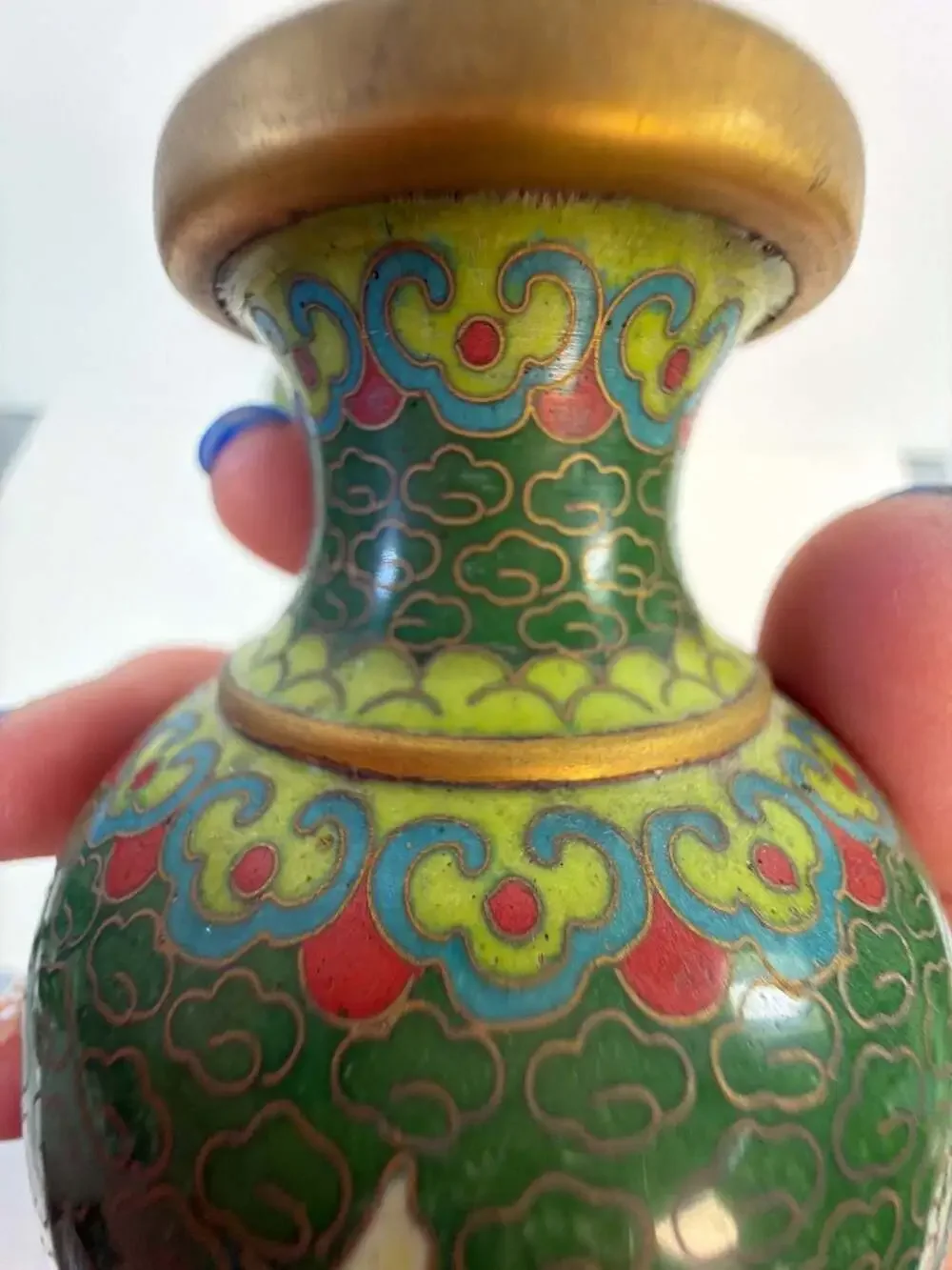 Vintage Pair of Chinese Cloisonne Bud Vases with‎ Floral Motif and Wood Stands